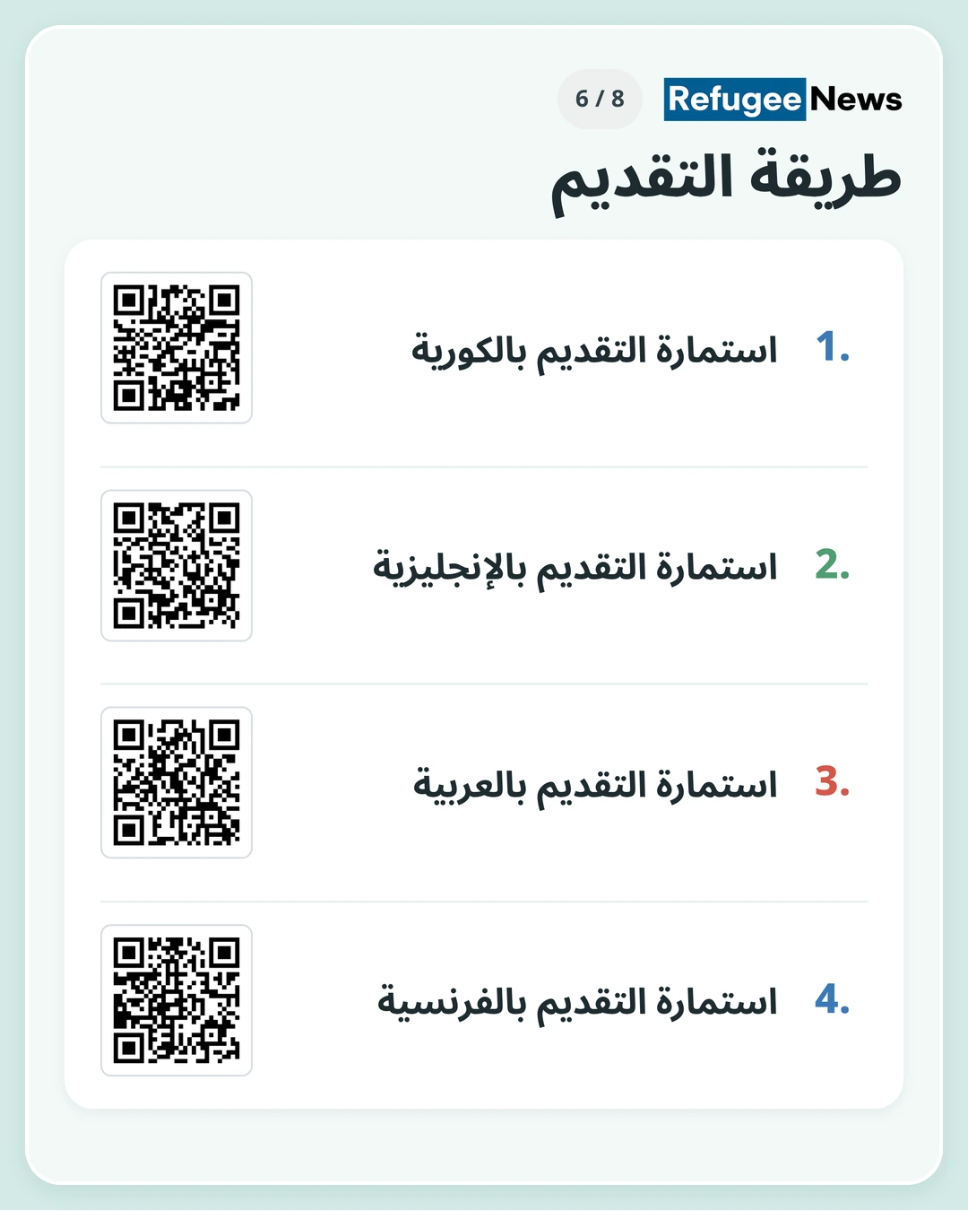 طريقة التقديم املأ استمارة طلب الدعم الجديد عبر نموذج Google (استمارة إلكترونية) وقدّمها. اختر اللغة الأسهل بالنسبة لك. استمارة التقديم بالكورية استمارة التقديم بالإنجليزية استمارة التقديم بالعربية استمارة التقديم بالفرنسية