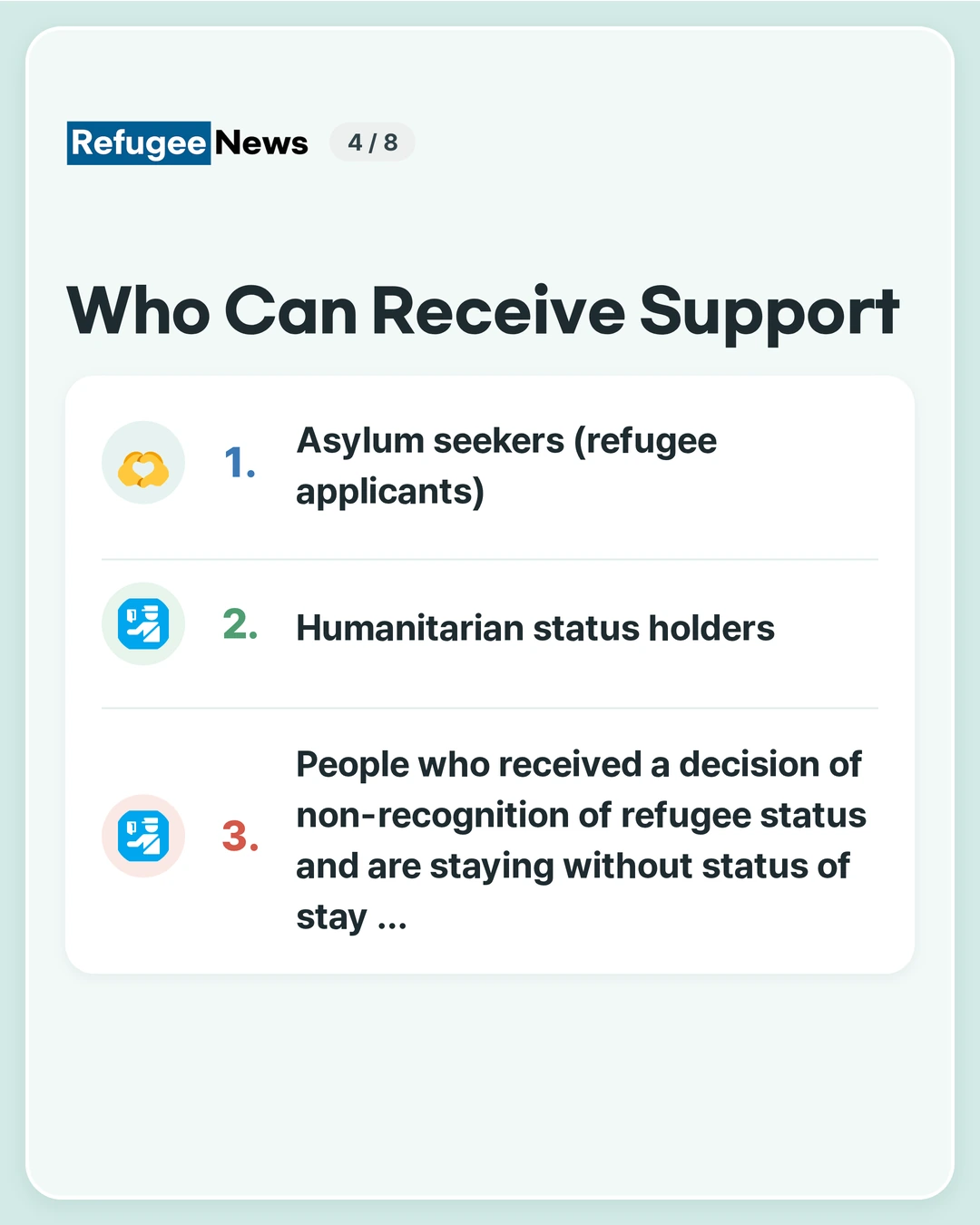 Who Can Receive Support According to the MAP notice, eligible children are refugee children living in Korea who are 18 months old or younger. Asylum seekers (refugee applicants) Humanitarian status holders People who received a decision of non-recognition of refugee status and are staying without status of stay …