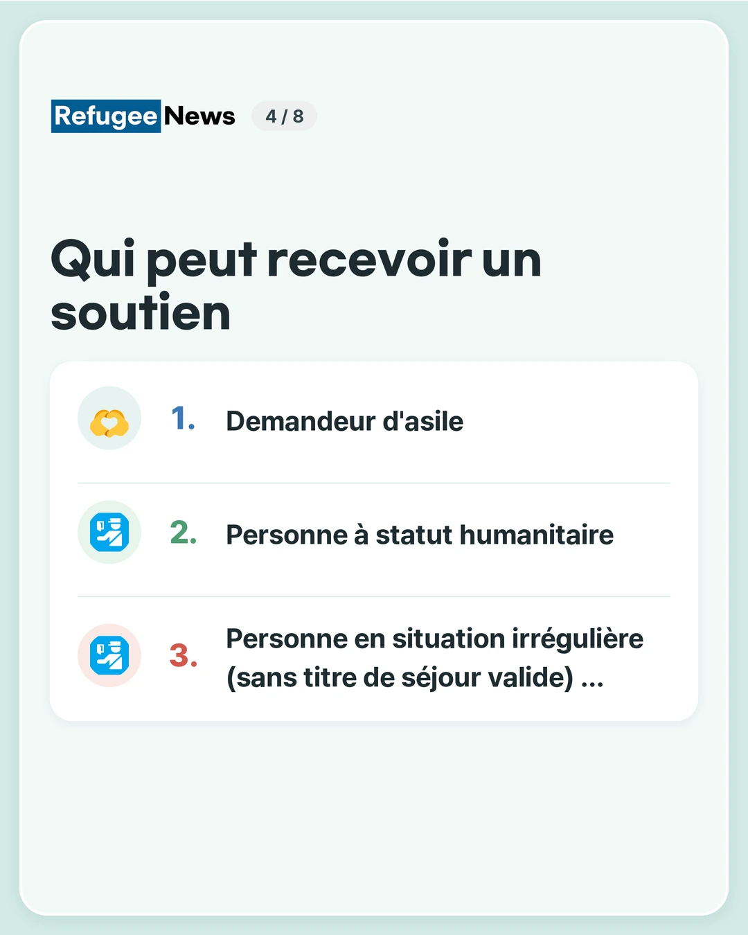 Qui peut recevoir un soutien Selon l'avis de MAP, les enfants éligibles sont les enfants réfugiés de 18 mois ou moins résidant en Corée. Demandeur d'asile Personne à statut humanitaire Personne en situation irrégulière (sans titre de séjour valide) …