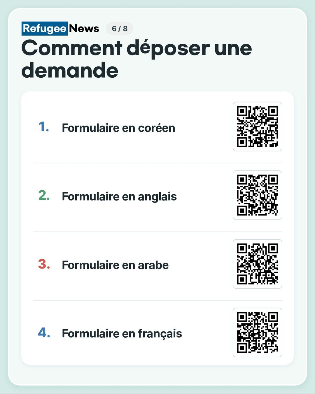 Comment déposer une demande Remplissez et soumettez le formulaire de première demande d'aide à l'aide d'un Google Form (formulaire en ligne). Formulaire en coréen Formulaire en anglais Formulaire en arabe Formulaire en français