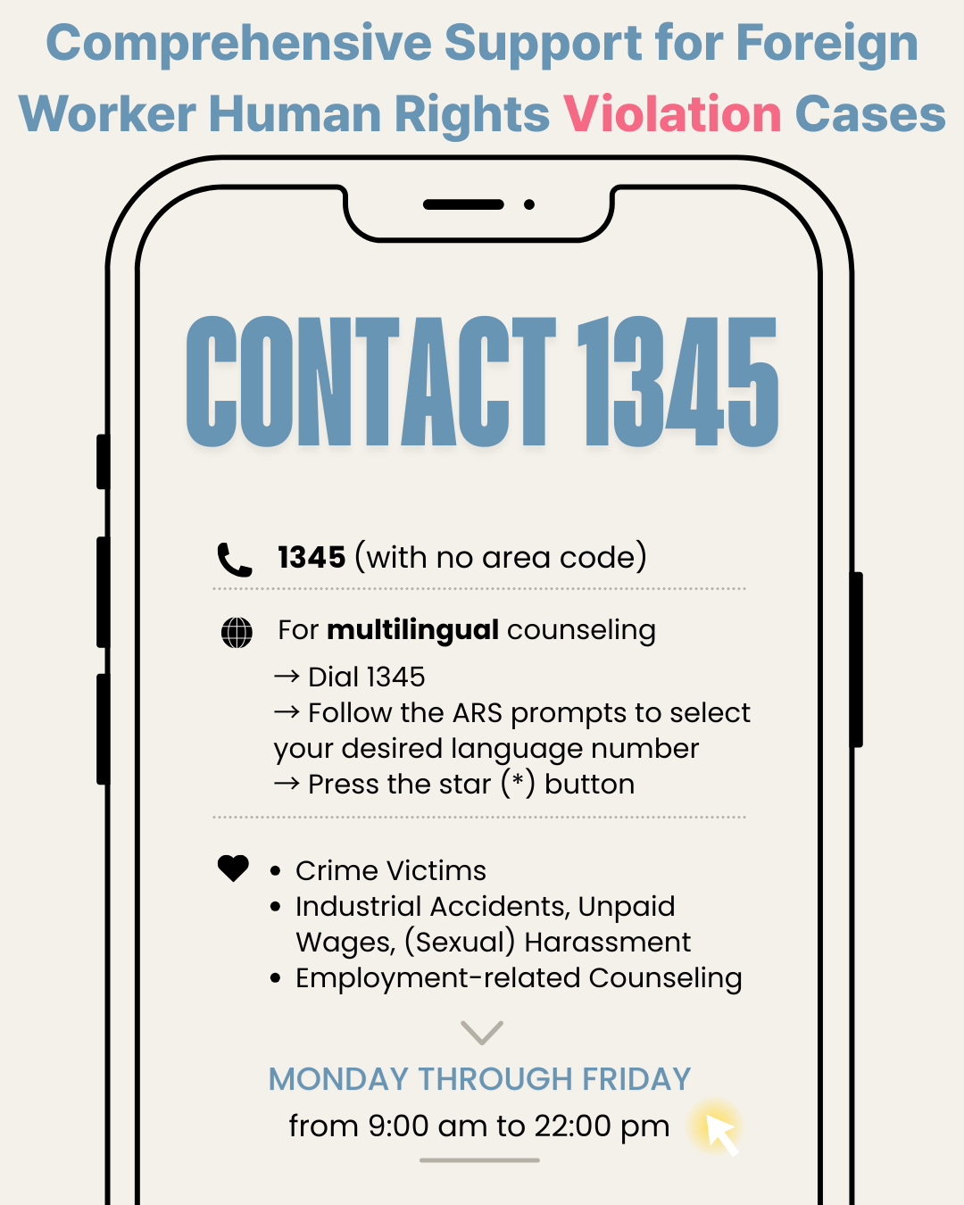 Immigration Contact Center 1345: Phone Consultation and Support for Human Rights Violations Against Foreign Workers (1/1)