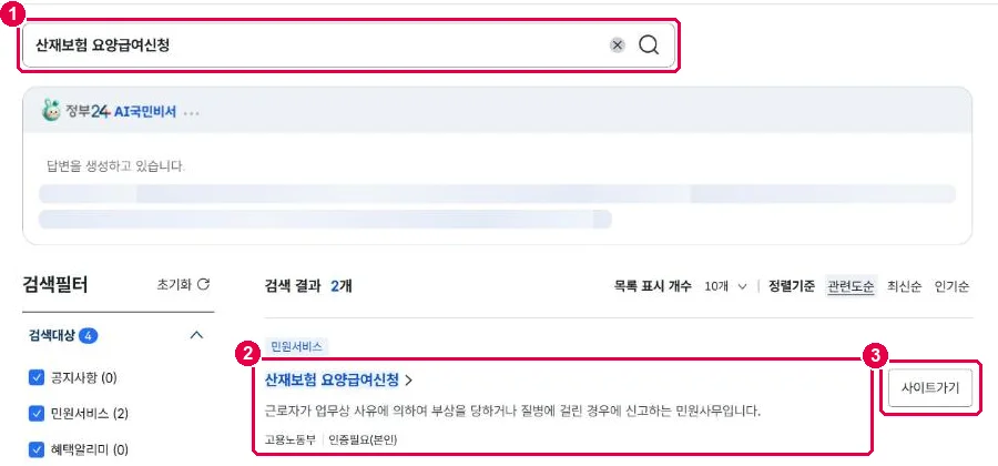 정부24에서 산재보험 요양급여신청을 검색한 화면. 검색창, 검색 결과, 사이트가기 버튼에 번호 1~3 표시