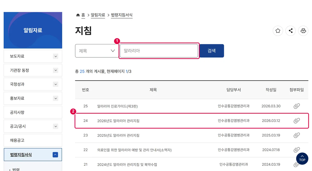 질병관리청 누리집의 지침 게시판에서 말라리아를 검색한 화면. 2026년도 말라리아 관리지침이 목록에 있습니다.