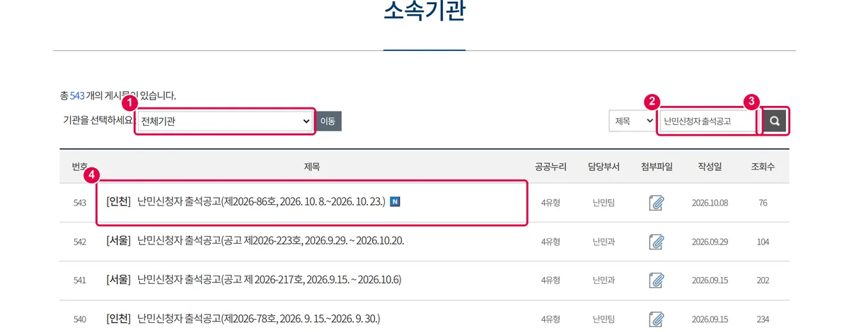 소속기관 게시판에서 '난민신청자 출석공고'로 검색한 결과 화면